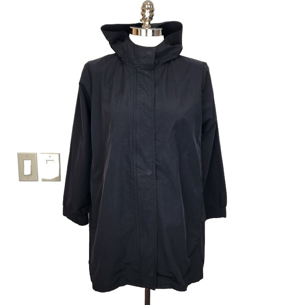J Jill Pure Jill Lightweight‎ Hooded Jacket M Black Full Zip Nylon Cotton Blend